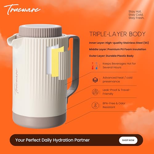 Image of Trueware Amaze ISI Certified Inner Steel Thermoware 750 ML Hot & Cold Flask Jug, BPA Free, Leak Proof, Ideal for Tea, Coffee, Water, Hot and Cold Beverages