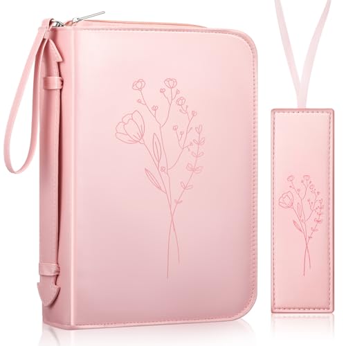 Dunzoom Pink Bible Cover 10.5 x 7.6 x 2.1 in PU Leather Water Resistant Pink Bible Case with Handle and Bookmark Book Carrying Case for Women Easter Mothers Day Christian Gifts