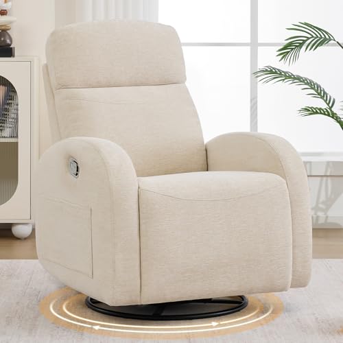 Image of AEMEIOS Swivel Rocker Recliner, Manual Swivel Recliner with Adjustable Headrest, Glider Rocking Reclining Nursery Chairs for Small Space, Living Room, Bedroom, Chenille Camel