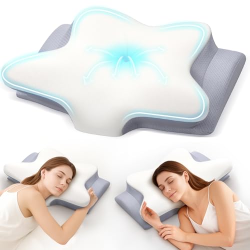 Cervical Neck Pillow, Memory Foam Pillows for Neck and Shoulder Pain Relief, 2 Heights Ergonomic Pillow with Breathable Ice Silk Cover, Neck Support Pillow for Side Back Stomach Sleepers, Odorless