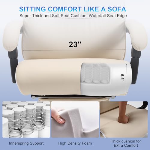 Image of Fully Reclining Office Chair with Foot Rest, Ergonomic Executive Office Desk Chair with Lumbar Support and Headrest, 170 Reclining Recliner High Back Home Leather Computer Chair, Beige