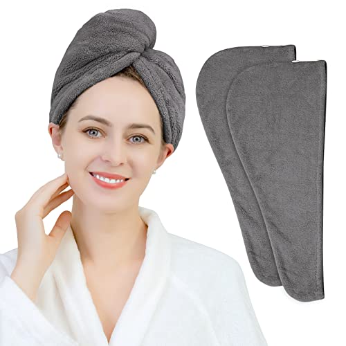 Toalla de microfibra para el cabello turbano, gorro de noche, superabsorbente, secado rápido, turbano, pelo grueso, suave, microfibra, 30,5 x 60 cm, 2 piezas (gris, gris) Cover