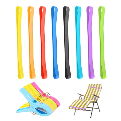 ZBHDEYG 8 correas de silicona y 4 pinzas de plástico, correas ajustables para toallas, toallero elástico, accesorios de baño de playa, accesorios de viaje, accesorios prácticos para la playa