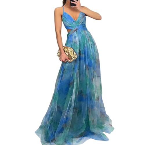 Tüll Kleid Hochzeitsgast Damen Lang Träger V Ausschnitt Kleider Damen Festlich Elegant Hochzeit Maxikleider Sommer Festliche Sommerkleid A Linie...