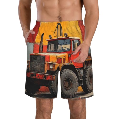 Mens Swim Trunks Board Shorts Quick Dry Shorts with Pockets - Construction Vehicle Art