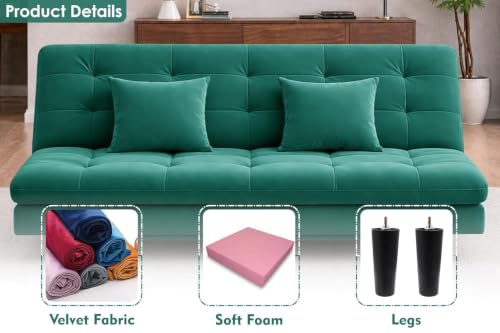 Image of Rosebell Modern Wooden 3-Seater Sofa Cum Bed Foldable Velevt Fabric Sofa for Living Room, Guest Room & Office-Green-Color