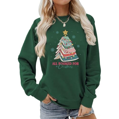 Christmas Sweatshirts for Women Cute Tree Graphic Book Sweatshirt All Booked Long Sleeve Shirt Librarian Pullover3