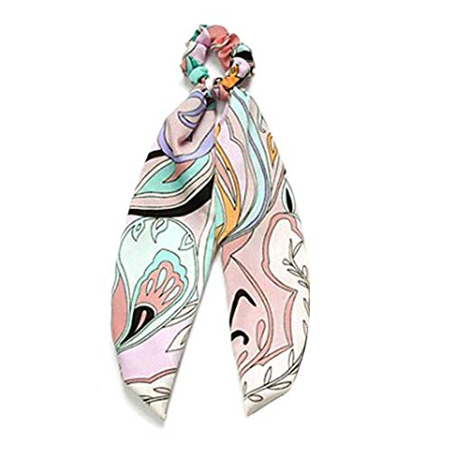 Ties Print Scrunchie Women Ribbon Elastic Band Bow Scarf Rubber Ropes Girls Hair Accessories Pink
