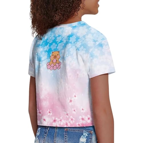 Image of Girls Crop Tees Crew Neck Casual Short Sleeve T Shirts Kids Loose Soft Comfortable Tees Blouses Shirt for Little Girl