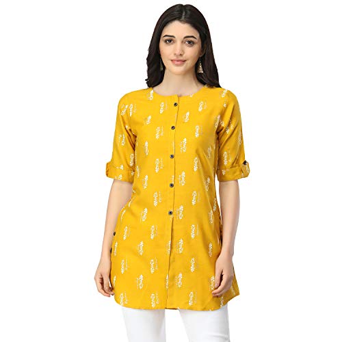 Image of OM SAI LATEST CREATION Slub Rayon Fully Stitched Anarkali Foil Print Kurti for Women & Girls on Jeans Palazzo or Skirt (Plus Size Upto 2XL) (Black)