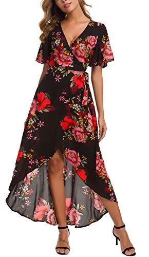 Kormei Women Short Sleeve V Neck Floral Wrap Split High Low Flowy Beach Party Long Maxi Dress S Black&Red