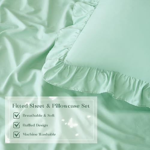 Image of Homiest 2-Pieces Ruffle Pillow Case & Fitted Sheet Set, Sage Green Twin Sheets with Ruffled Pillow Shams, 15 Inch Deep Pocket, Cute & Coquette Microfiber Bed Set for Decorating Bedroom Hotel