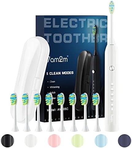 7AM2M Sonic Electric Toothbrush for Adults and Kids, One Charge for 90 Days, with 6 Brush Heads, 5 Modes with 2 Minutes Build in Smart Timer, Roman Column Handle Design (Black)