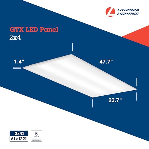 Image of Lithonia Lighting GTX 2x4 LED Flat Panel Light, 2 ft. x 4 ft. LED Light Panel, Ceiling Lighting Fixture for Shop Lighting, Back Lit, 5000 Lumens, 4000K Cool White, A12 Prismatic Lens, White