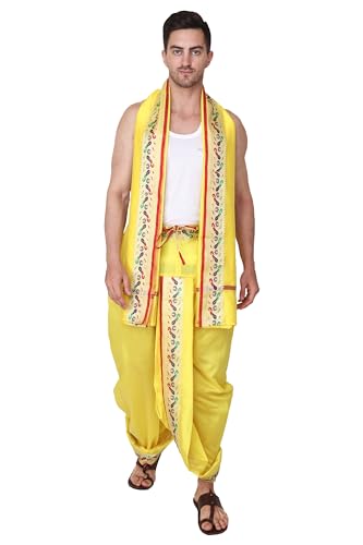 Image of Rameshwaram Fabrics Readymade Dhoti for Men, Velcro Style Stitched Mens Silk Dhoti Pant with Stole Set