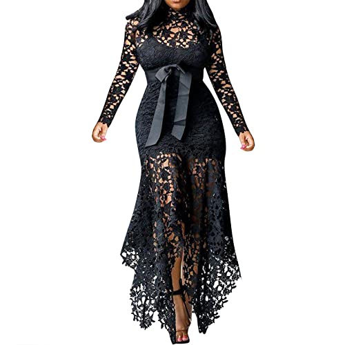 Damen Plus Size Kleider Elegant Spitze Patchwork Kleid Hohle Lange Ärmel Party Kleid Maxi Tunika Kleid Cover