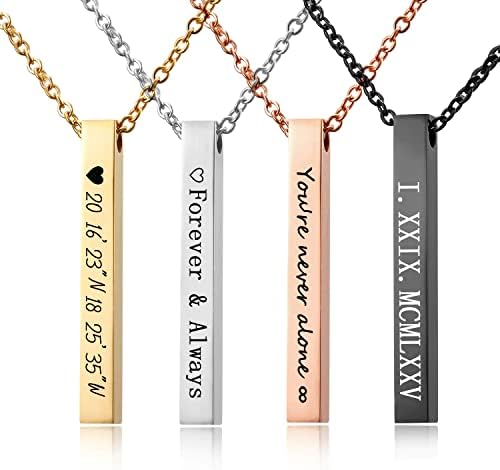 ProJewelry Personalized Vertical Bar Necklace for Women 4 Sides Engraved Custom 18K Gold Plated Name Necklace 925 Sterling Silver Customized Jewelry Mothers Day Gifts for Mom