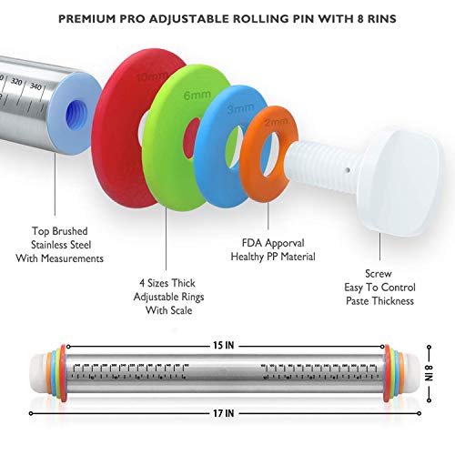 FUKTSYSM Rolling Pin - Cookie Rolling Pin 17 in Adjustable Stainless Steel Rolling Pins for Baking Cookie Chapati Fondant Dough Pastry Pizza Pie Crust