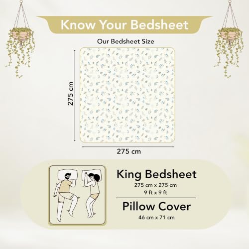 Image of Divine Casa Cotton King Size Bedsheet | 210 TC Soft Breathable Pigment Twill Satin Bed Sheet with 2 Pillow Covers | Luxury Bedding Set | 275 x 275 cm (Cream Blue, Floral)