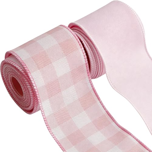 Meseey 1.5 Inch Pink Wired Ribbon Set 2 Rolls Total 10 Yards Solid Light Pink & Pink White Buffalo Check Wired Edge Ribbon for Wreaths Bows Gift Wrapping Baby Shower & Spring Decor