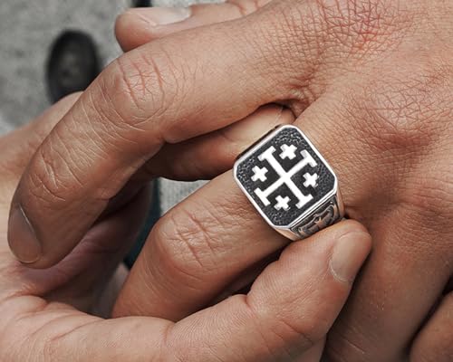 Jerusalem Cross Rings for Men,Mens Stainless Steel Christian Signet Ring,Vintage Silver Catholic Templar Ring in Size 7-154