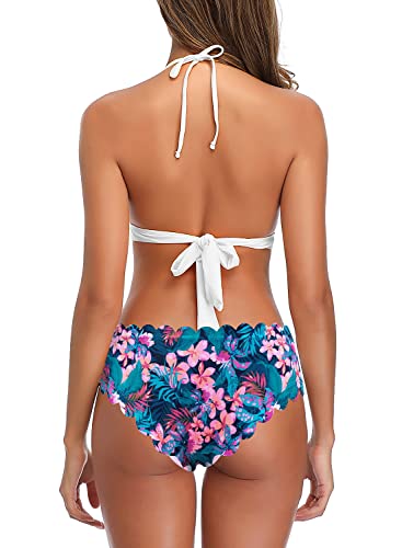 SHEKINI Women's Scalloped Bathing Suit Triangle Bikini Halter Sexy Floral Two Piece Swimsuits2