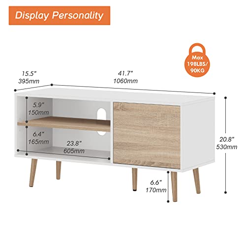 Wampat Mid Century Modern Tv Stand For 50 Inch Flat Screen, Wood Tv Cabinet Media Console With Storage, Home Entertainment Center In White And Oak For Living Room Bedroom, 42 Inch #TOP6