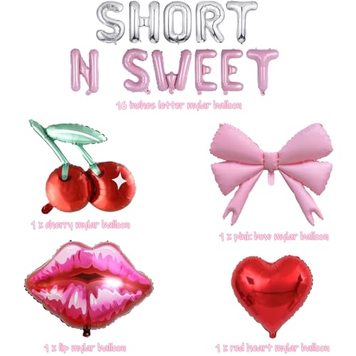 Image of Short N Sweet Balloon Banner Cherry Lip Red Heart Pink Bow Mylar Balloon for Singer Bachelorette Party Singer Birthday Party Decorations