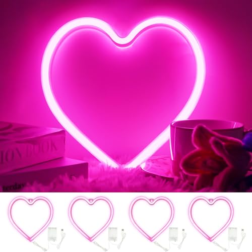 Image of 4PK Pink Heart Neon Sign, Battery Operated or USB Powered LED Heart Lights for Valentines Day Decoration, Valentines Gifts for Wife Wedding Proposal Anniversary Mother's Day Girls' Room Wall Decor