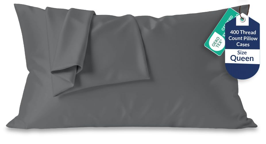 Image of Royale Linens 400 Thread Count 100% American Grown Cotton Queen Pillowcase Set - Luxury Sateen Queen Pillow case - 20 inchx30 inch Inch - Soft & Smooth Set of 2 Grey Pillowcases - (Queen, Spanish Slate)