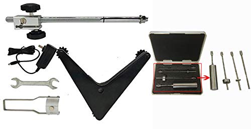 Close-up view of the viscometer accessories including the stand, power adapter, wrench, and a case containing various rotors.