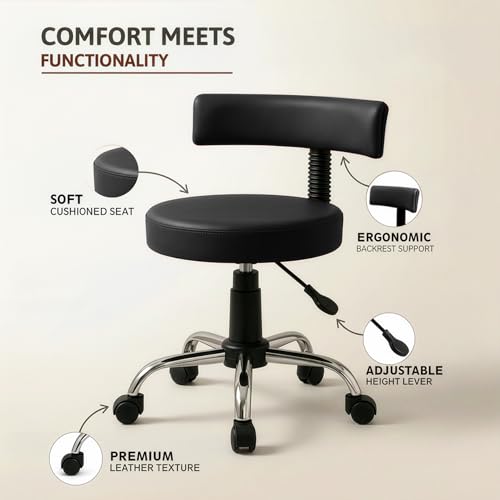 Image of DIYA Seating Chrome Rolling Study Flex Stool (1 Year Warranty) - Black | Lift & Swivel Adjustable Height Salon Flex Stool w / Foot Rest, Compact Seating for Home Office Shop Study Use -(44 inchx47 inchx83 inch)