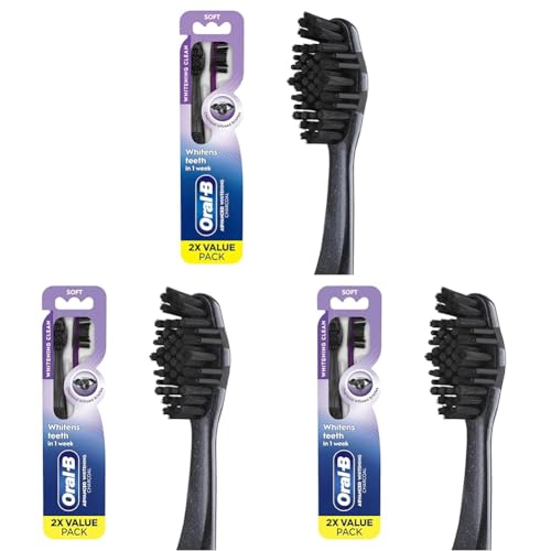 Image of Oral-B 3D White Charcoal Toothbrush, 2 Count Soft Manual tootbrush Pack, Whitens Teeth, removes Plaque and Stains, Tongue Scraper Tooth Brush (Pack of 3)