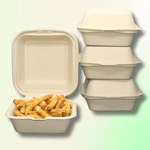 Biodegradable To Go Food Containers – Heavy Duty Disposable Clamshell Take Out Boxes with Lids. Designed for Restaurant Delivery or Home (6X6 Clamshell Container 100pck)