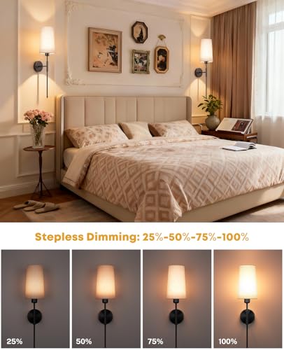 Image of Battery Operated Wall Sconce Set of 2, 13000mAh Rechargeable Battery Powered Sconces with Remote Dimmable Fabric Shade Wireless Sconces Fixture for Bedroom Living Room