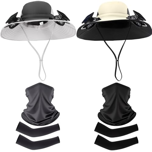 Image of Syhood 2 Set Solar Fan Hats with Neck Gaiters and Arm Sleeves, Wide Brim Fishing Hats for Men Women Outdoor Camping Gardening