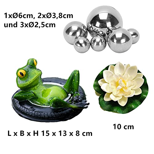 Super Idee Miniteich Deko Set Schwimmfrosch mit 6 Silber Kugeln und 2 STK Lotusblüte für Miniteich Terrassenteich Zinkwannen Solarbrunnen Garten Balkon Teiche Deko (Frosch auf Reifen)