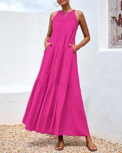 Image of BTFBM Halter Summer Dresses for Women 2026 Casual Spring Hollow Out Sleeveless Boho Sundresses Beach Vacation Maxi Dress