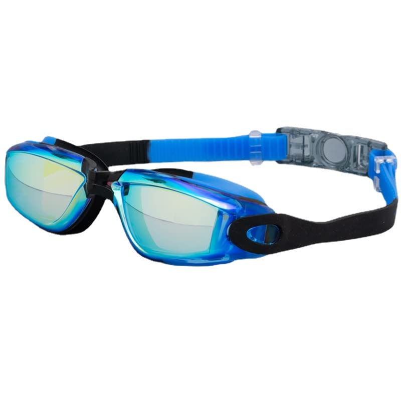 Waterproof and anti-fog swimming goggles for adults with silicone nose clip earplugs unisex electroplated swimming glasses (Colorful black and blue)