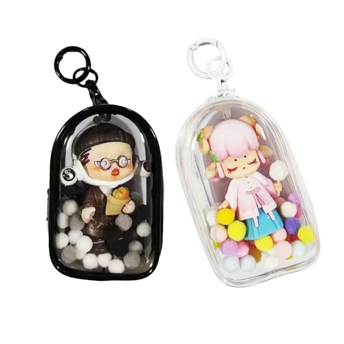 2pcs Clear Figure Display Bag with Keychain, Clear Pouch Blind Box Display Bag, Mystery Box Mini Figures Carrying Case Keychain Charms for Collectors (Black+White)