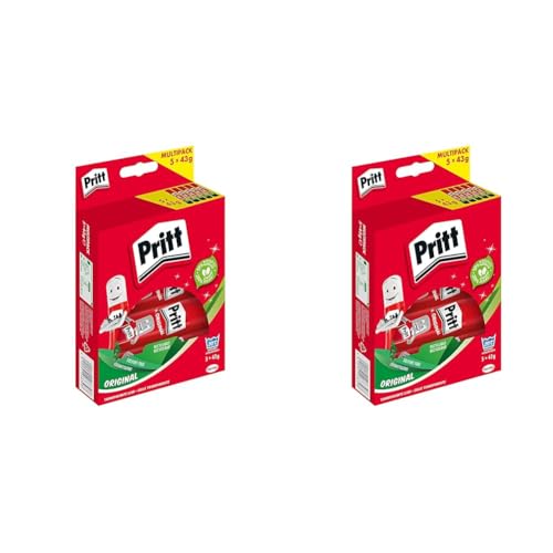 Pritt Klebestift, sicherer und kinderfreundlicher Bastelkleber für Kunst und Bastelarbeiten, starker Kleber für Schule & Bürobedarf, 5x43g Pritt Stift (Packung mit 2)