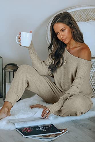 Prettygarden Women's 2 Piece Ribbed Tracksuit Outfits Off Shoulder Long Sleeve Pullover Long Pants With Pockets (Grey,Large) #TOP3