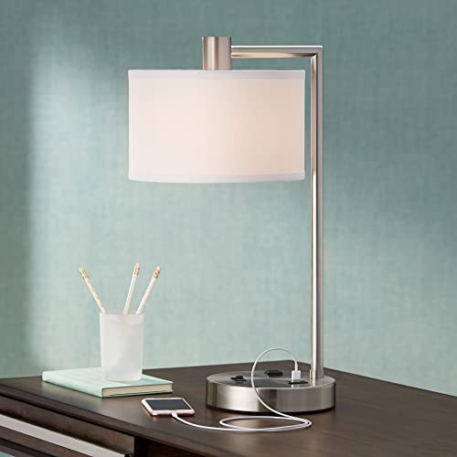 Flash Deals - 60% OFF Colby Modern Desk Table Lamp with Hotel Style USB and AC Power Outlet in Base 21" High Brushed Nickel White Linen Drum Shade for Living Room Bedroom House Bedside Reading Home - 360 Lighting
