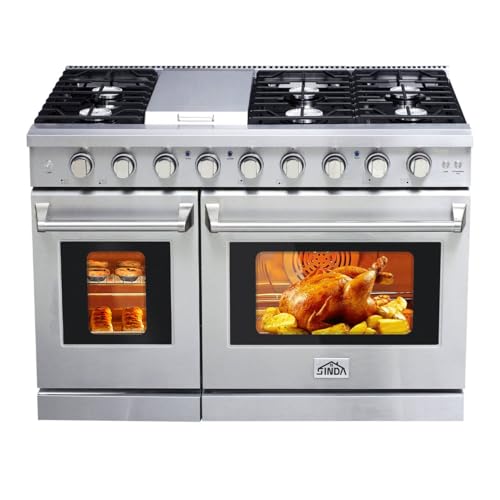 Comparison: Thermador Range 3 Sinda 48" Gas Range Freestanding Range with 7.0 cu.ft Convection Oven 6 Burners Cast Iron Grates Convections Two Porcelain Oven Racks Natural Gas/LP Convertible