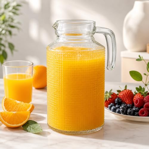 Image of Wringo Premium Glass Water Jug - 2LTR, Transparent, Hot Cold Water Glass Pitcher with Wooden Lid Water Jug, Iced Tea, Milk and Juice Beverage Carafe, Lemon Jug 2000ML (WQ-19)
