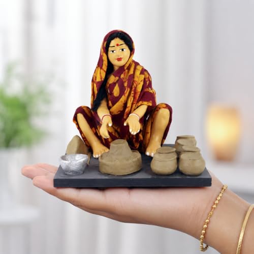 Image of Krishnanagar Handmade Clay Woman Potter Miniature Idol | Basic Terracotta Sitting Human Figurine | Traditional Indian Home Decor & Gift Showpiece