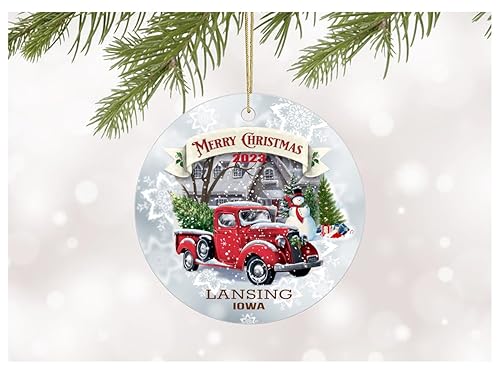 Merry Christmas Ornament 2023 City Ornament Lansing Iowa Ornaments Xmas Tree Decoration for Home Holiday Party Deco Gift Family Friends Presents Ideas Rustic MDF Plastic 3"