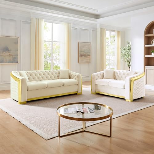 Image of KEIKI 2-Piece Luxury Chesterfield Sofa Set with 1 Velvet 3-Seater Sofa & 1 Loveseat Sofa, Italian 5-Seater Couch Set with 4 Pillow, Gold Stainless Decoration and Rolled Arms, for Living Room, Beige