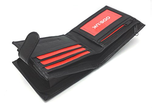 ODS:UK Mens RFID Blocking Safe Soft Leather Tri Fold Wallet Card Slots Id Window and Coin Pocket (Black - Style 2), M