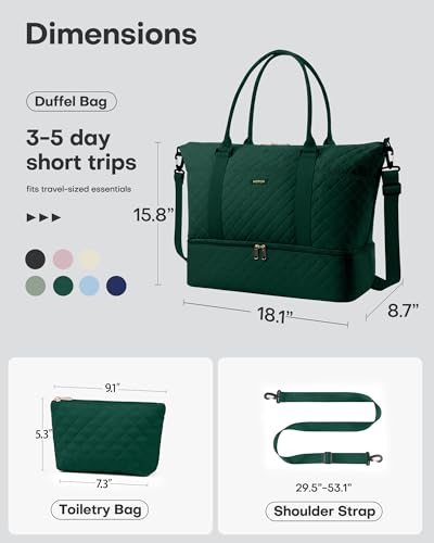 Image of HOTOR Travel Duffel Bag - Weekender Bags for Women, Carry On Gym Tote Bags | with Toiletry Bag & Shoe Compartment, Overnight Bag for Travel Essentials, Travel Accessories, Dark Green, 15.8 inchx18.1 inchx8.7 inch